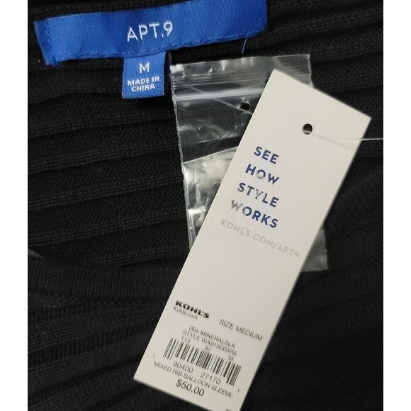 Apt. 9 Ribbed Tunic Black Sweater Dress Balloon Long Sleeves Size Medium - Picture 3 of 6